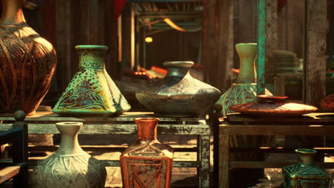 a collection of pottery vases on display at a market stall