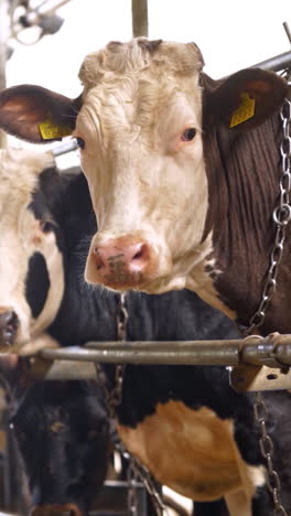 cows in a farm cowshed. close up view of cows in the cowshed in dairy farm vertical video