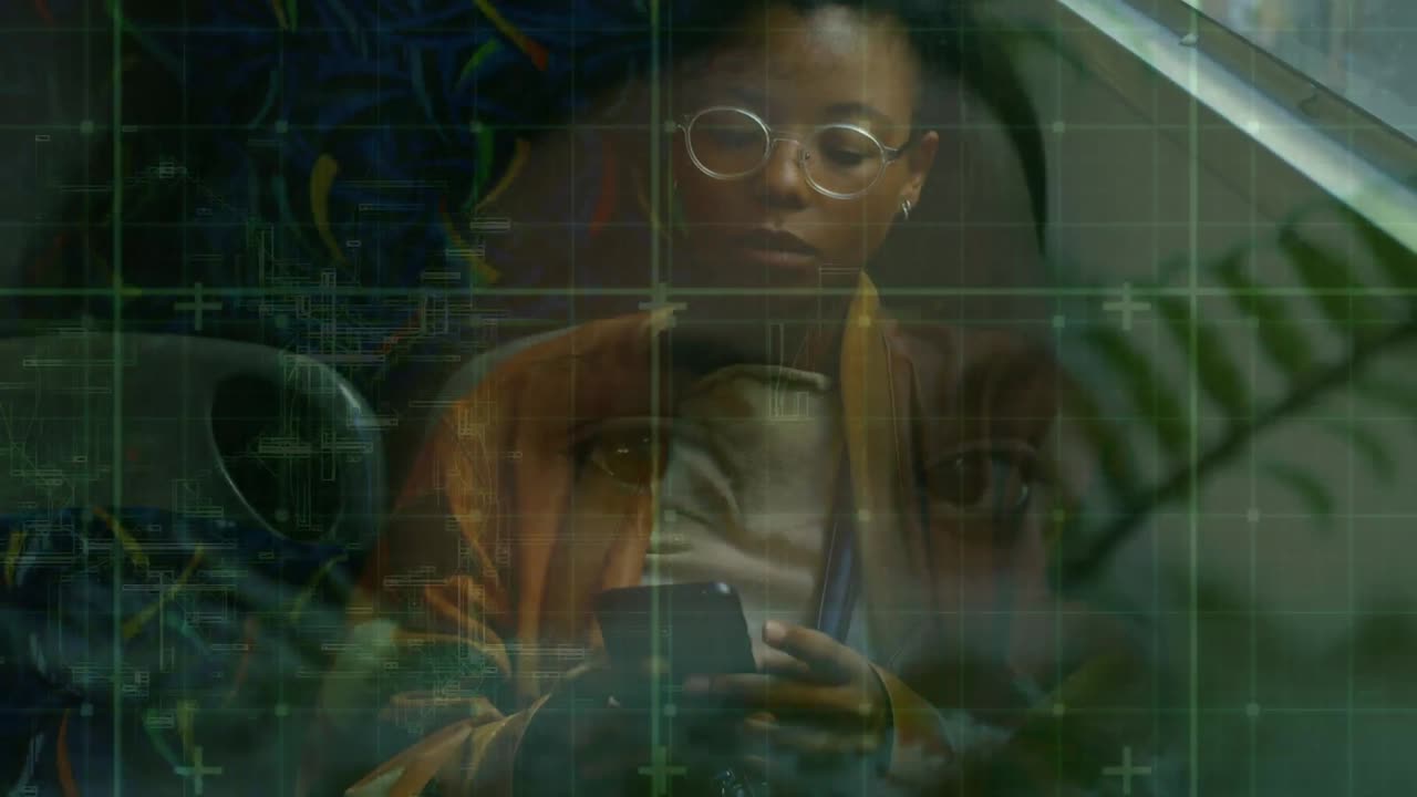 Animation of data processing on digital screen over african american woman using smartphone in bus