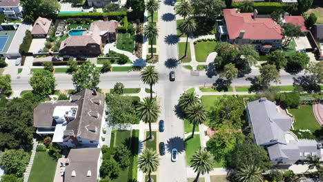 drone follows white and silver cars, separately and together, driving up beautiful palm tree and mansion lined street in classic west hollywood, los angeles, callifornia neighborhood