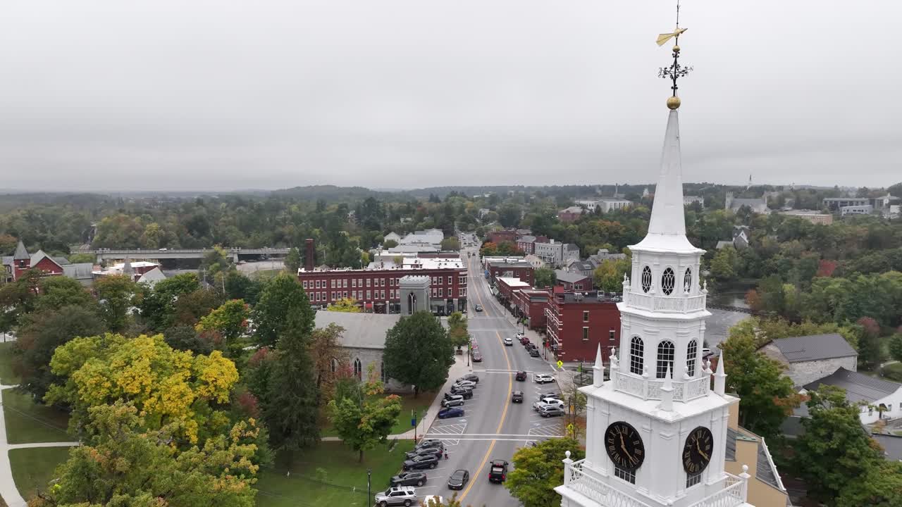 aerial over middlebury congregational church in middlebury vermont