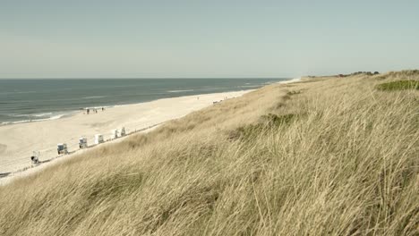 Amplia-Toma-De-ángel-De-La-Playa-Y-Las-Dunas-De-Sylt-Con-El-Mar-Del-Norte-En-El-Fondo-4k-60fps