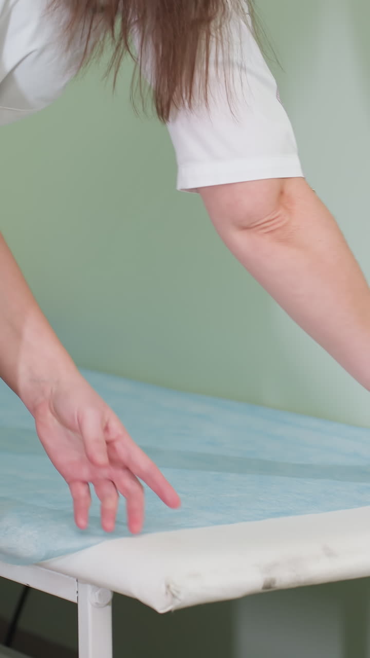 Preparación de mesa de exploración: enfermera colocando una sábana desechable azul sobre un colchón blanco en una habitación de clínica estéril; primer plano de unas manos que alisan la barrera, paredes verdes suaves y almohada a la vista; montaje higiénico
