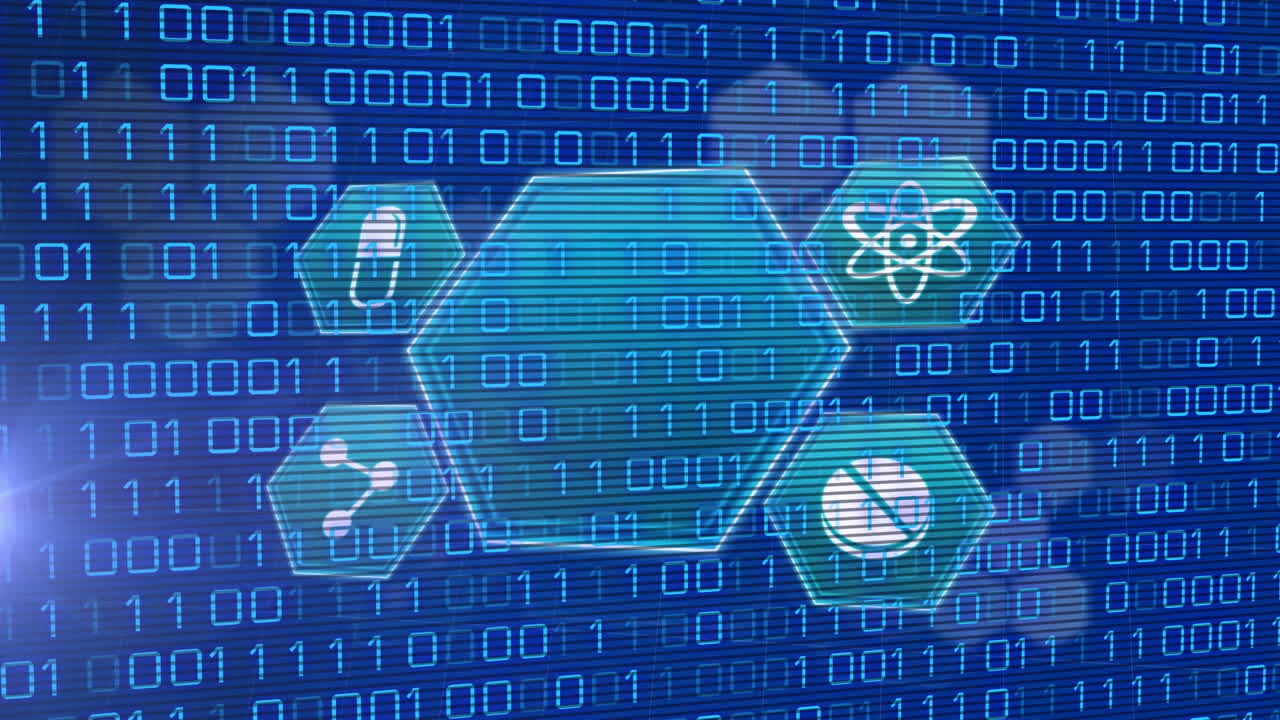 animación del icono en hexágonos sobre las llamaradas de la lente contra la caída de códigos binarios en fondo azul