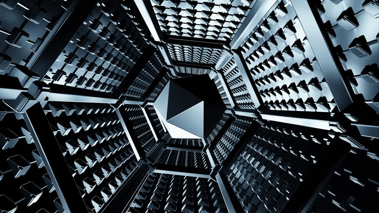 esfera plateada voladora a través de un túnel metálico