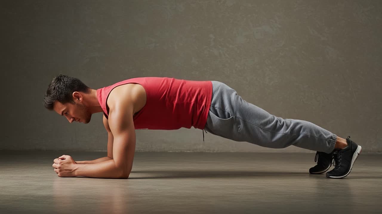 A focused individual maintaining a plank position, showcasing strength and core stability, promoting fitness and endurance training in a minimalist setting.