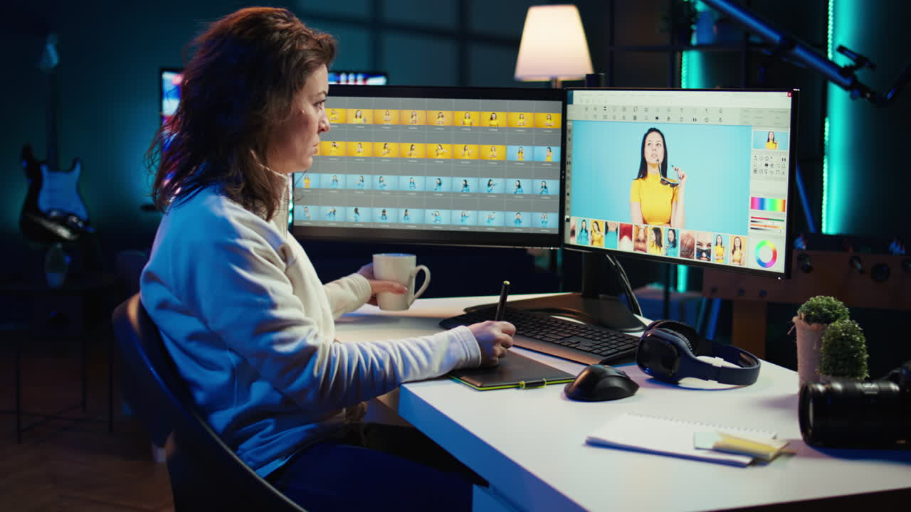 fotógrafo en el estudio bebiendo café, editando fotos