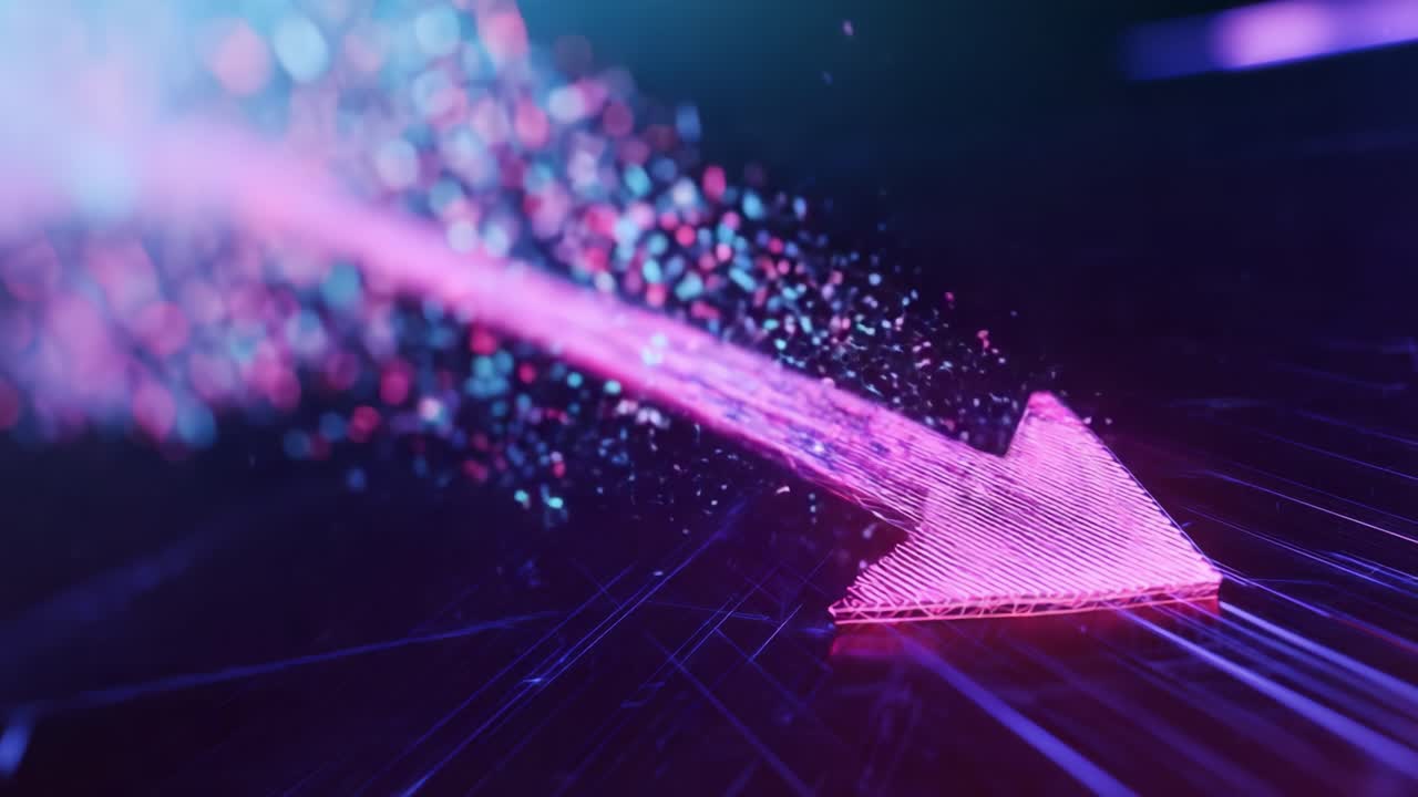 Dynamic Digital Arrow Motion with Colorful Particles and Light Trails Demonstrating Direction and Movement in a Futuristic Abstract Setting