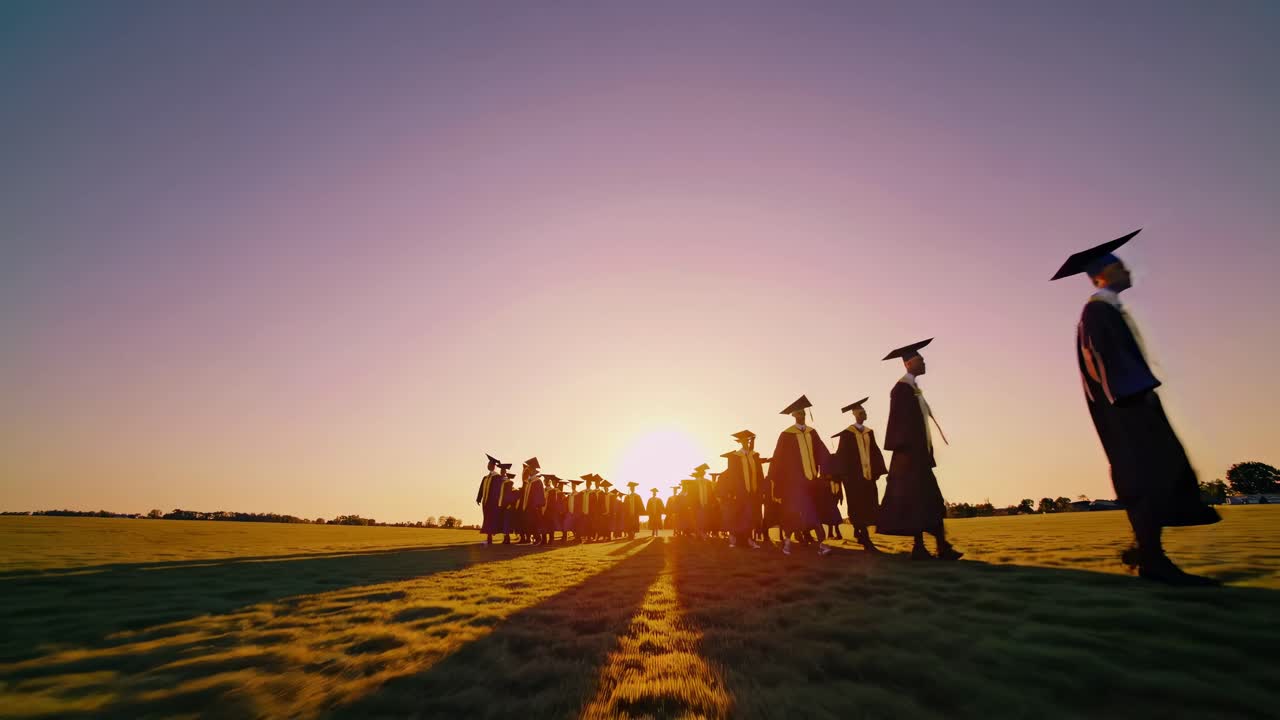 Low-angle video of graduates walking in a field at sunset, capturing long shadows and a warm