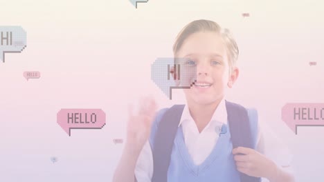 animación de la caída de hola texto en la burbuja de habla sobre el niño caucásico feliz