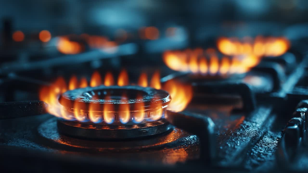 Captivating Flames: A Close-Up View of a Gas Stove with Lively Flames Dancing to Create an Atmosphere of Heat and Cooking Potential