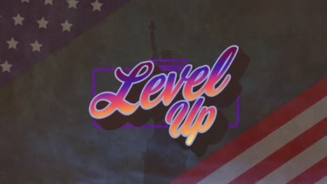 Animation-of-level-up-text-and-american-flag-over-statue-of-liberty