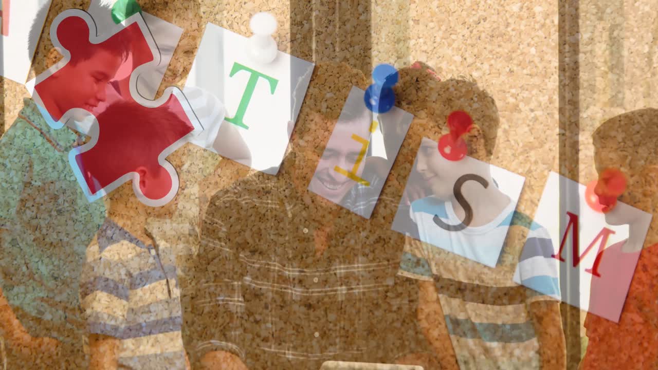 다채로운 퍼즐 조각과 자폐증 텍스트의 애니메이션 남성 교사와 함께 학교 어린이