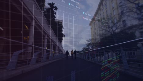 animation of financial data processing over cityscape