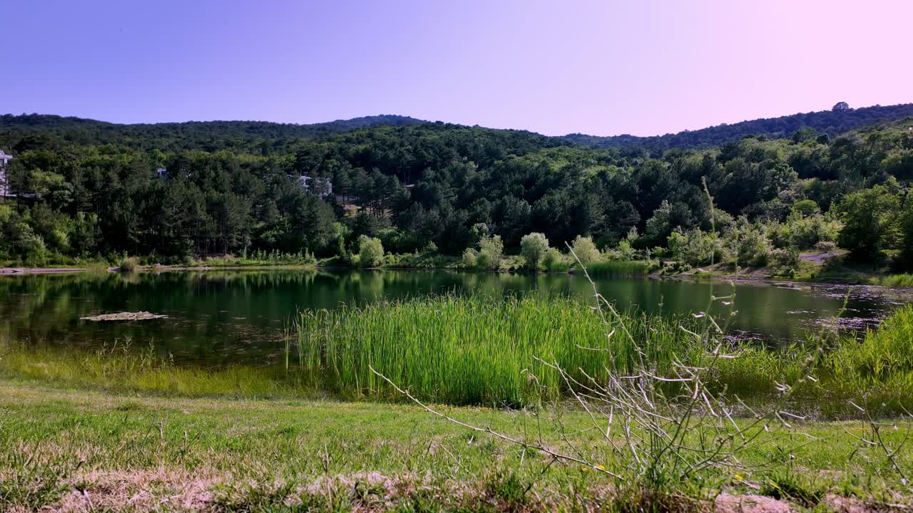 Paesaggio tranquillo di un lago circondato da lussureggianti montagne verdi in Crimea.