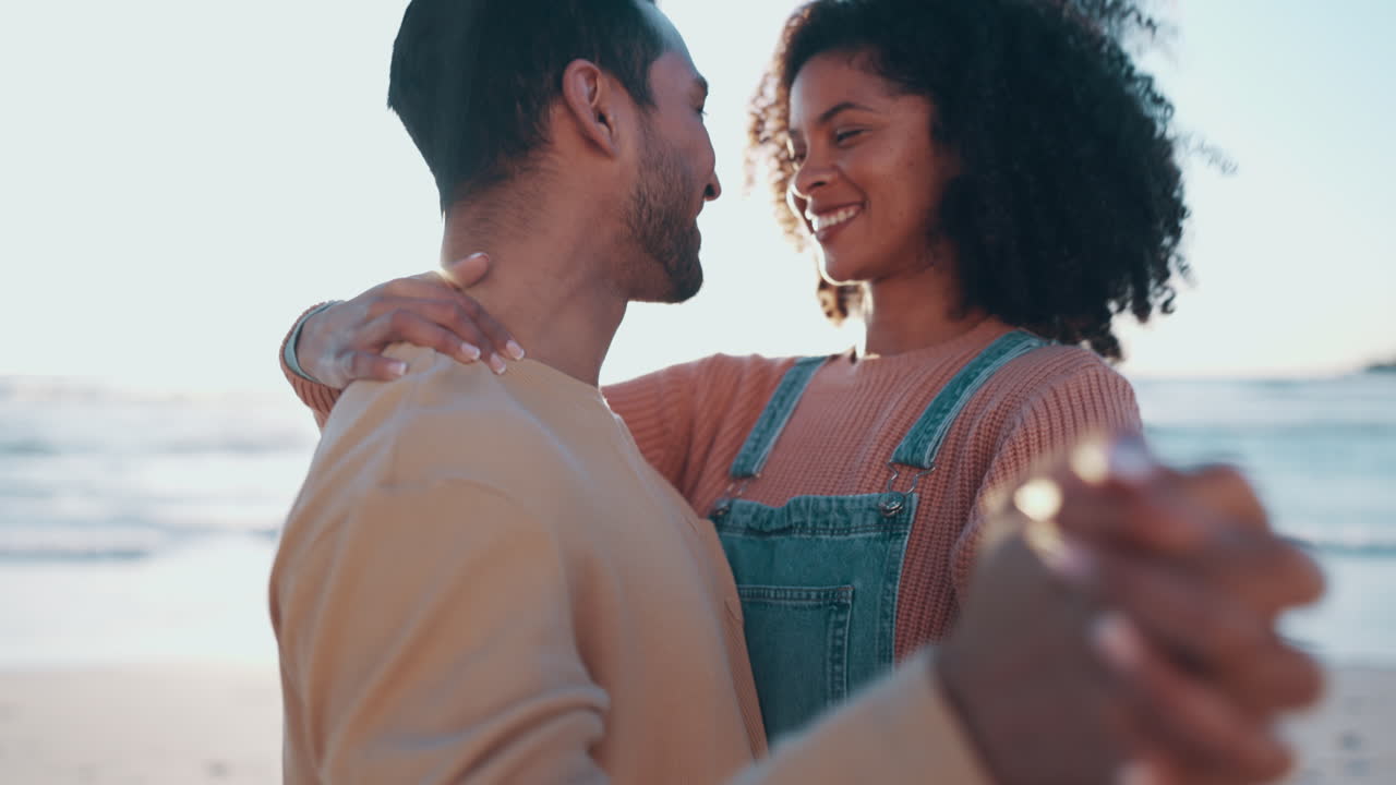 Beach, dance and couple with love