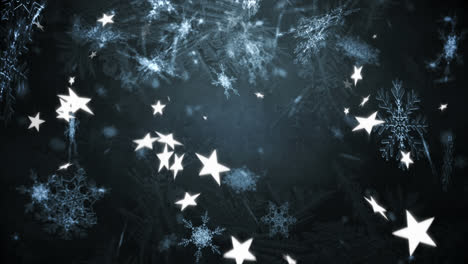 Animación-Digital-De-Copos-De-Nieve-Y-Múltiples-Iconos-De-Estrellas-Cayendo-Sobre-Fondo-Gris