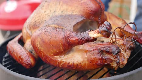 close-up of delicious looking turkey cooking on a small smoker, steaming and dripping juices