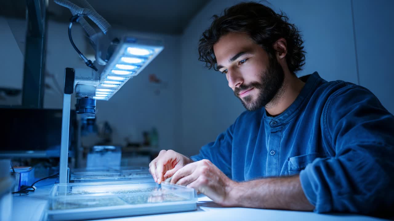 Focused Researcher Analyzing Samples Under Bright LED Light with Precision Tools in Laboratory Setting, Engaging in Detailed Examination of Botanical Specimens to Uncover Intricate Details and Characteristics