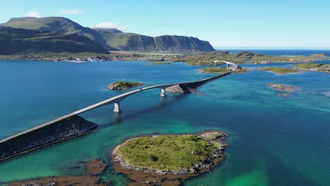 lofoten islands bridge and scenic route during summer in norway - aerial circling