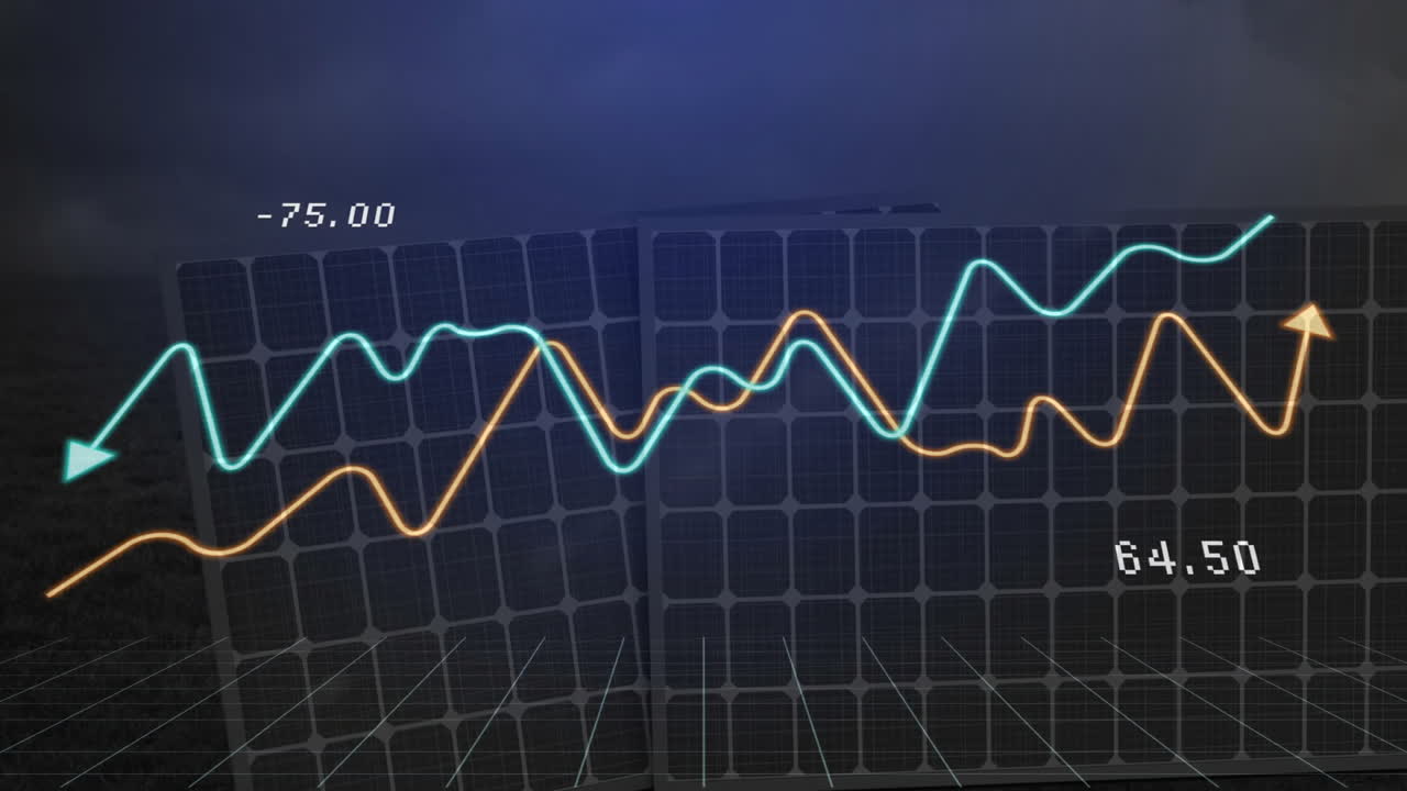 Graphs showing fluctuating data over solar panels in digital animation
