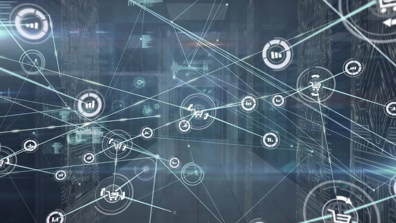 Animation af et netværk af forbindelser og databehandling over computerservere