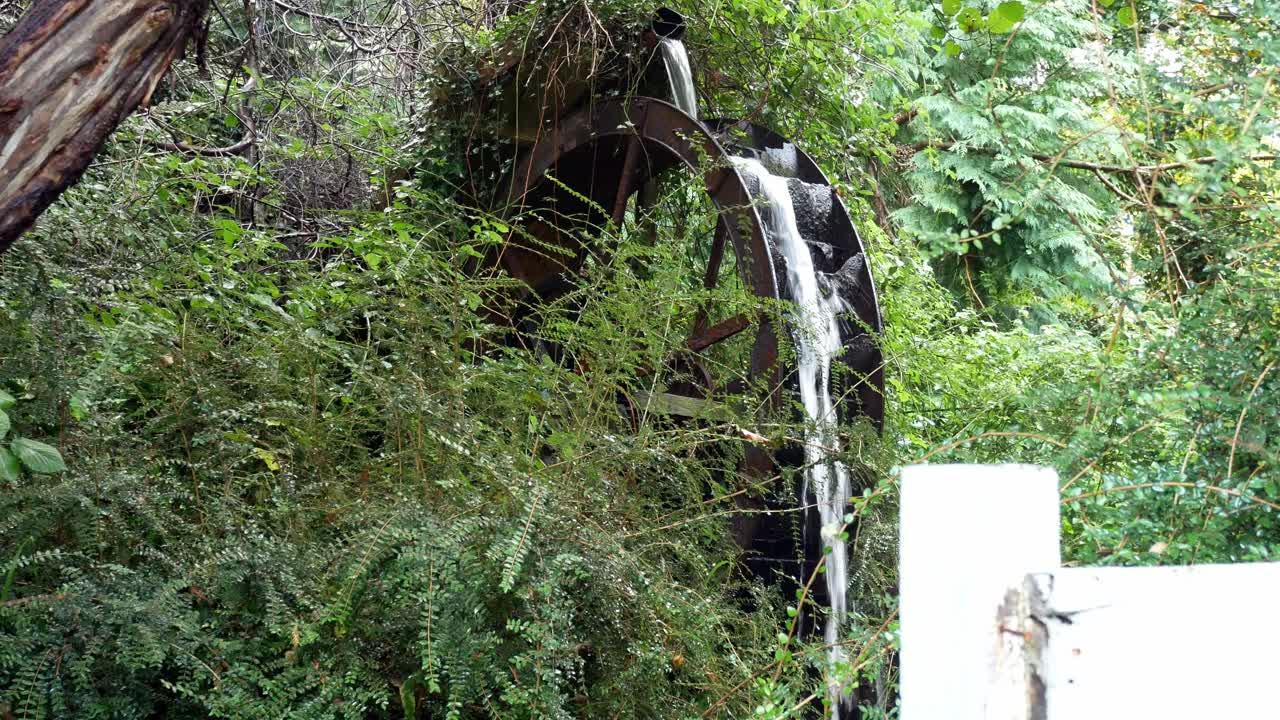 삼림 지대 광야 흐르는 물 낮은 돌리 오른쪽에 숨겨진 오래된 소박한 폐기 제철소 물레방아
