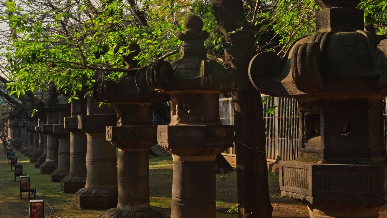 A serene row of traditional Japanese stone lanterns extends into the distance, shaded by trees, evoking history and spirituality in a temple setting.