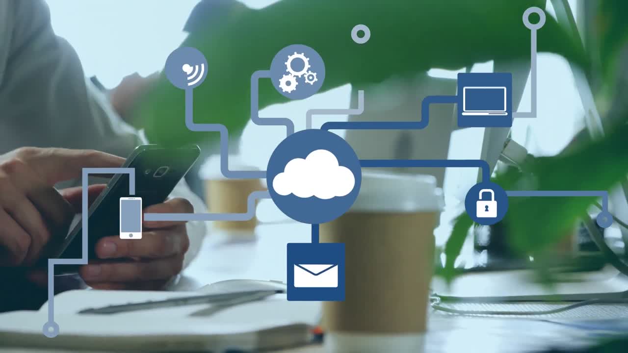 Animazione di rete di connessioni con icone su uomo caucasico che usa lo smartphone