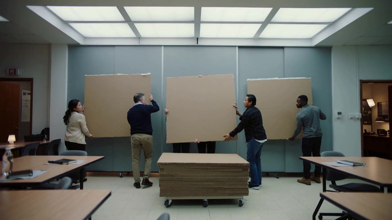Lifting stacked panels from cart, team in business attire carrying aligning in room to cover wall