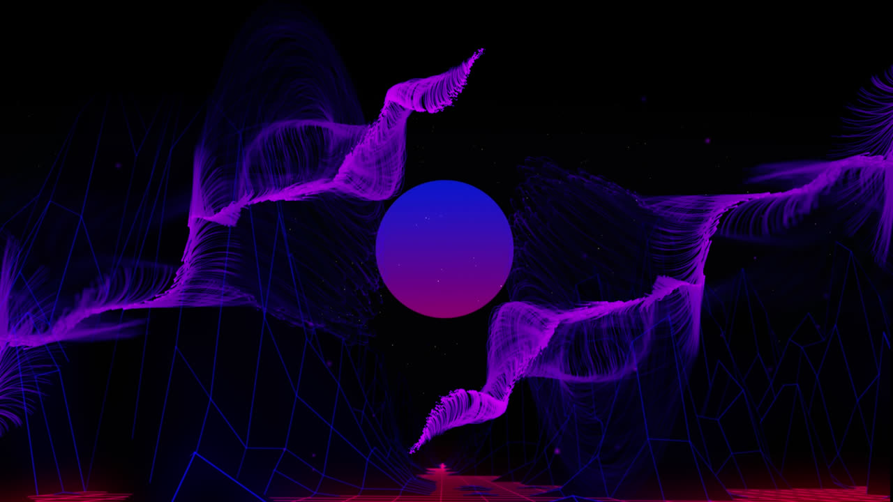 Purple forms growing over purple and blue sphere on black background with blue grid below