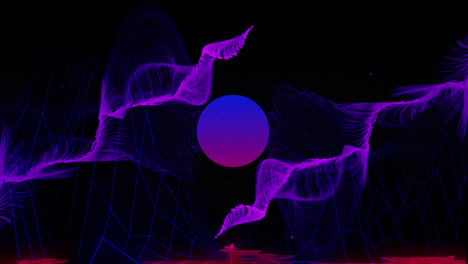 Purple forms growing over purple and blue sphere on black background with blue grid below