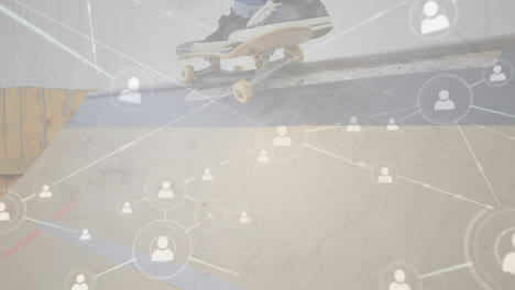 skateboarder performing wooden skate ramp trick overlaid with digital network icons in 3d