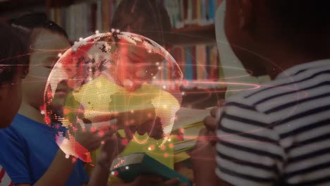 animation of digital globe over diverse teacher and schoolchildren holding books