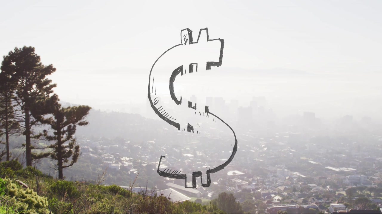 Video verticale: Un tratto di schizzo che appare e cresce trasformandosi in un simbolo del dollaro che si staglia sulla città per la finanza.