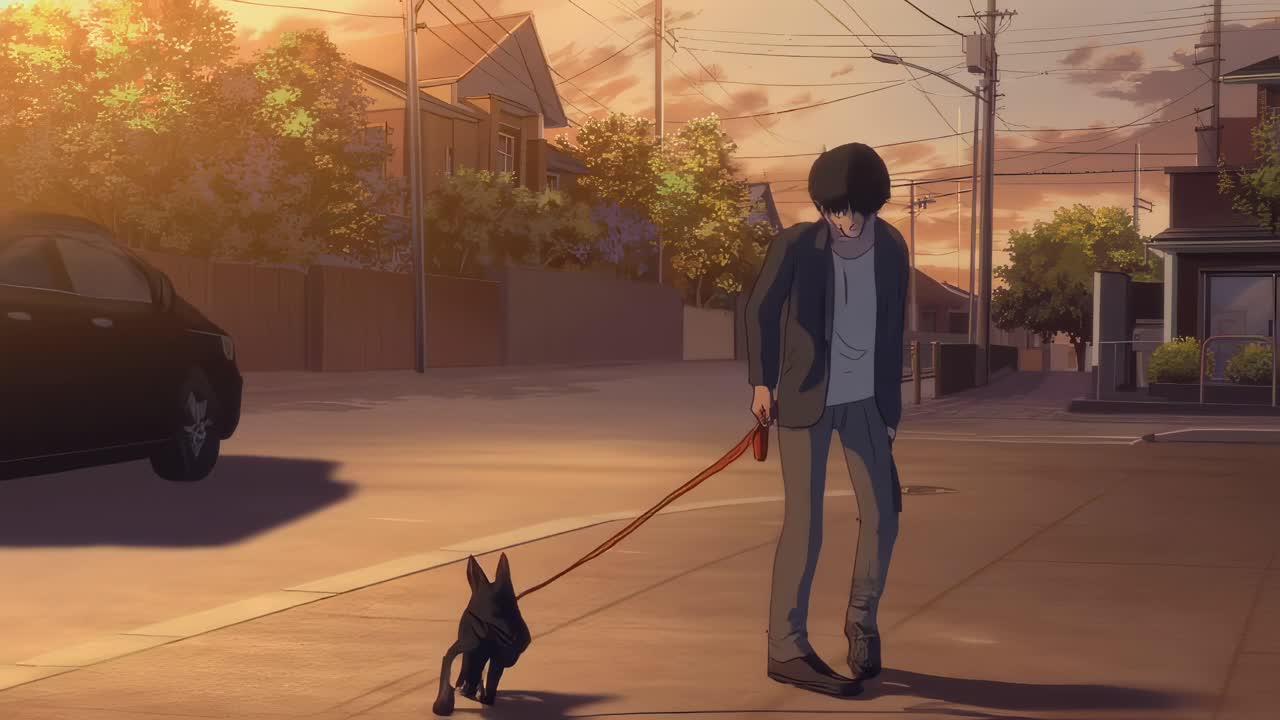 Young man walking a black French bulldog on a leash in a quiet suburban neighborhood at sunset, surrounded by houses, trees, and warm evening light