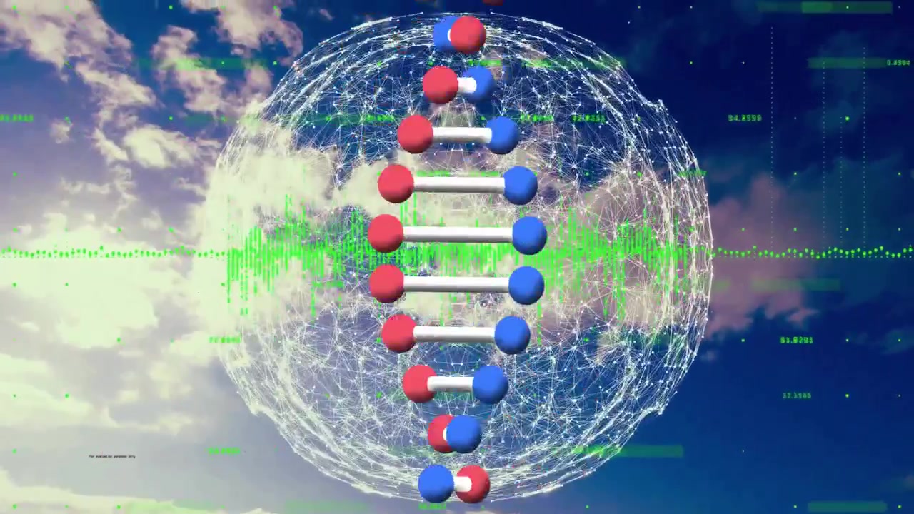 Animerende gestileerde DNA-helix zwevend boven een draadmodel wereldbol, met daaroverheen een neongroene datagolfvorm