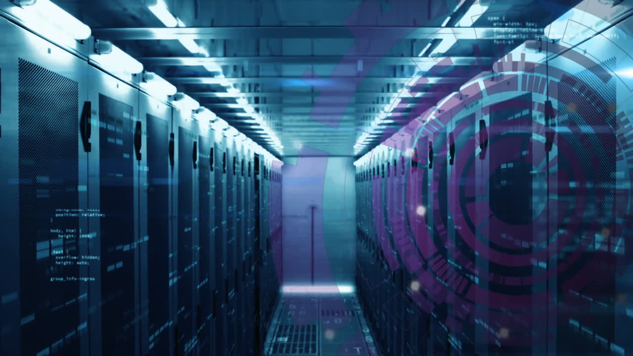 animación de círculos de carga, barras y lenguaje informático en la sala del servidor de datos