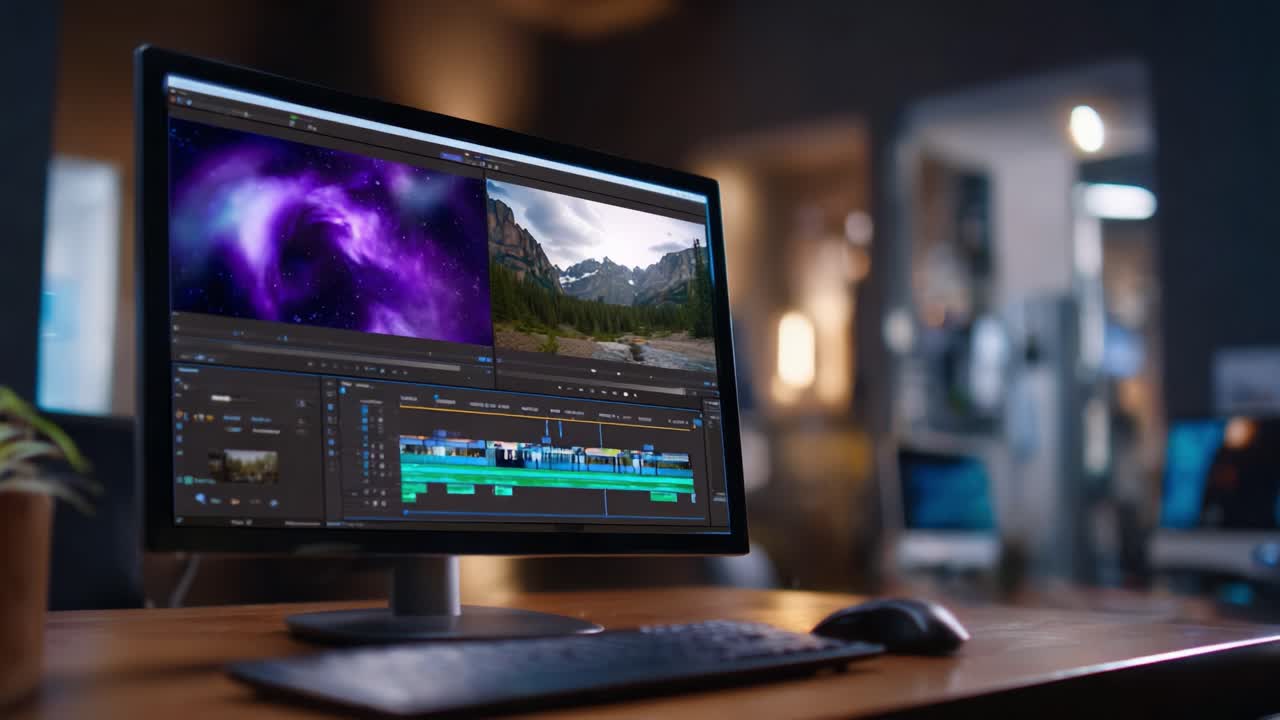 Processo di editing video sullo schermo di un computer: integrazione creativa di immagini e audio in un ambiente software di editing professionale
