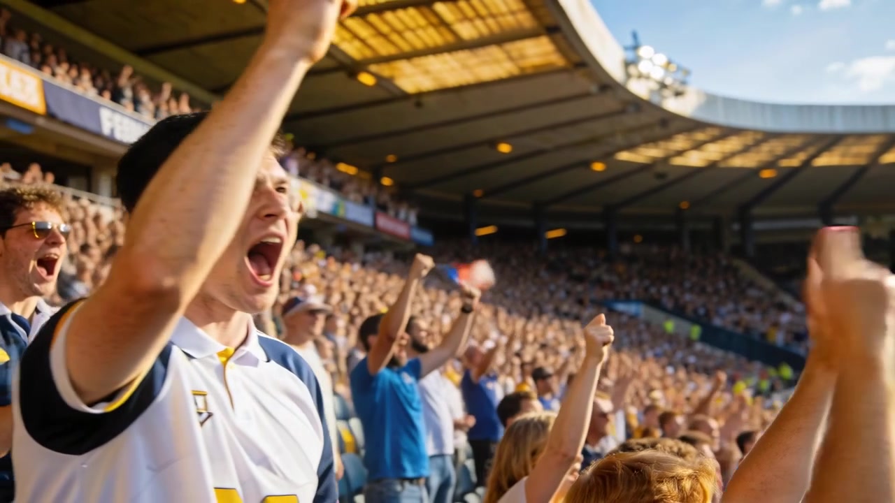Shouting after goal, man in white jersey in stand raising fist, urging flag-waving fans, copy space