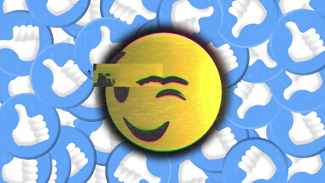 배경에 있는 여러 개의 아이콘과 비교하여 눈을  ⁇ 이는 얼굴 이모티콘에 대한 글리치 효과의 디지털 애니메이션