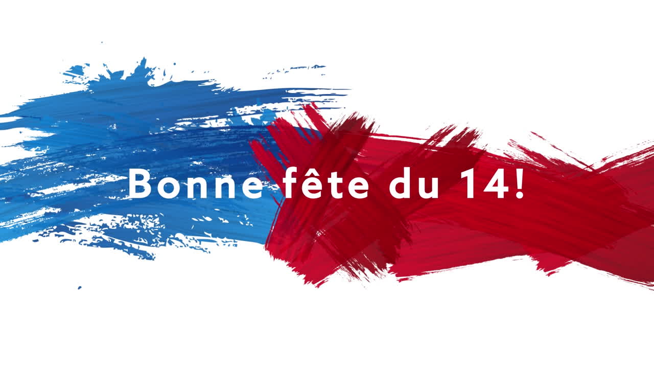 Animasjon av teksten "bonne fête du 14" og rødt og blått på hvit bakgrunn