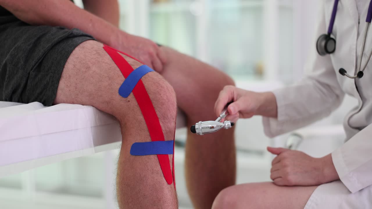 Medico che esegue un esame del ginocchio su un paziente con nastro kinesiologico