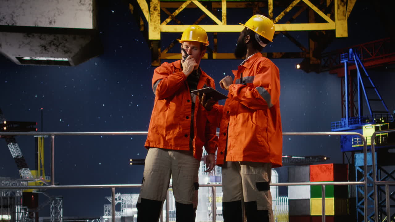 Industrial workers communicating via radio devices performing inspection