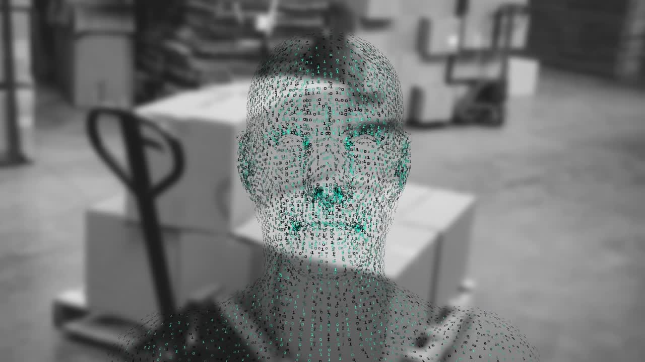 Animation of digital head over warehouse