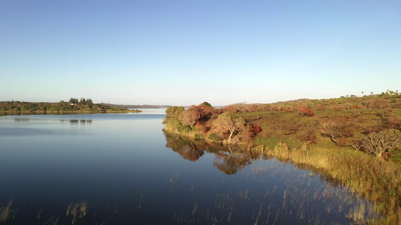 황금시간대 일출 동안 나무와 늪 관목을 보여주는 친데겔레 모잠비크에 있는 인함파발라 호수의 저고도 전방 비행