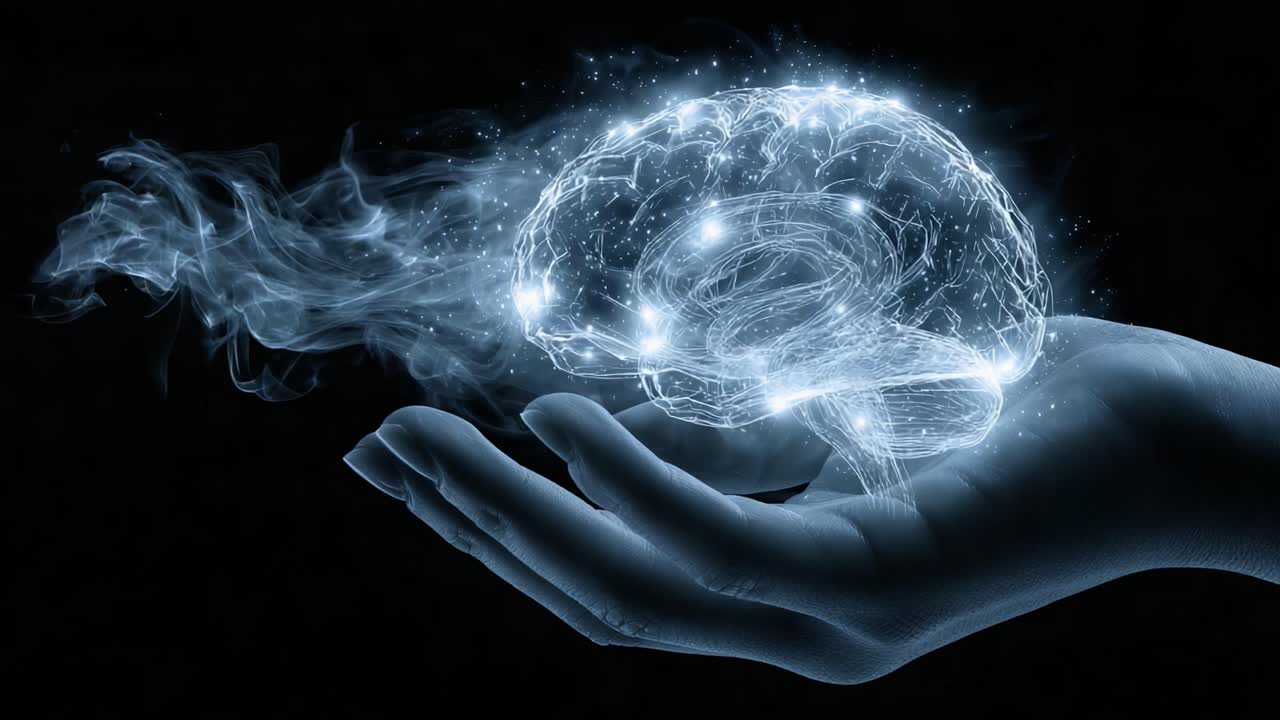 An Ethereal Representation of the Human Brain: A Glowing Projection of Cognitive Power and Creativity, Captured in a Mystical Hand Gesture
