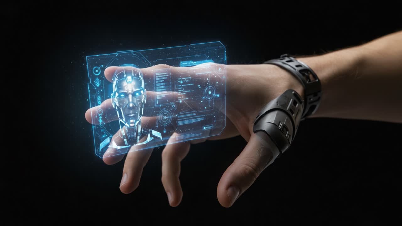 A Futuristic Glimpse into Technology: A Hand Interacting with a Holographic Interface Displaying a Digital Human Face Representation