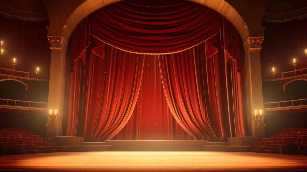 Elegante palco teatrale con ricche tende rosse e illuminazione calda, ripreso da un angolo frontale
