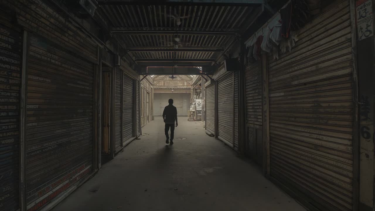 Uomo che cammina, con indosso una maglia scura, che esce da un vicolo di un mercato chiuso verso la luce dell'uscita, passando davanti a delle persiane